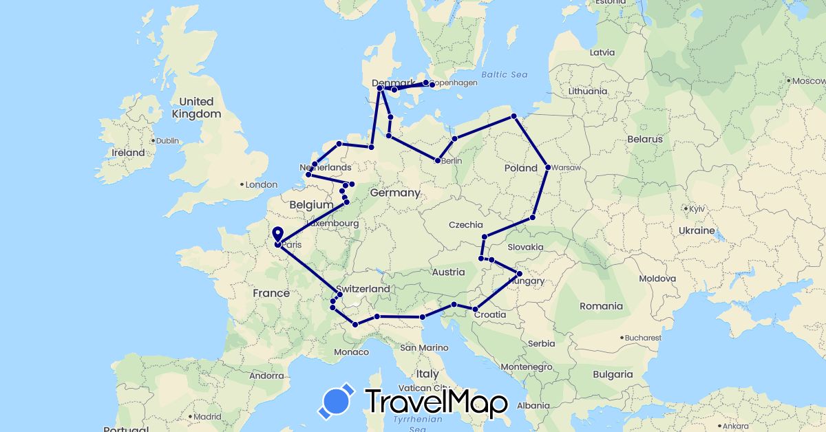 TravelMap itinerary: driving in Austria, Switzerland, Czech Republic, Germany, Denmark, France, Croatia, Hungary, Italy, Netherlands, Poland, Sweden, Slovenia, Slovakia (Europe)